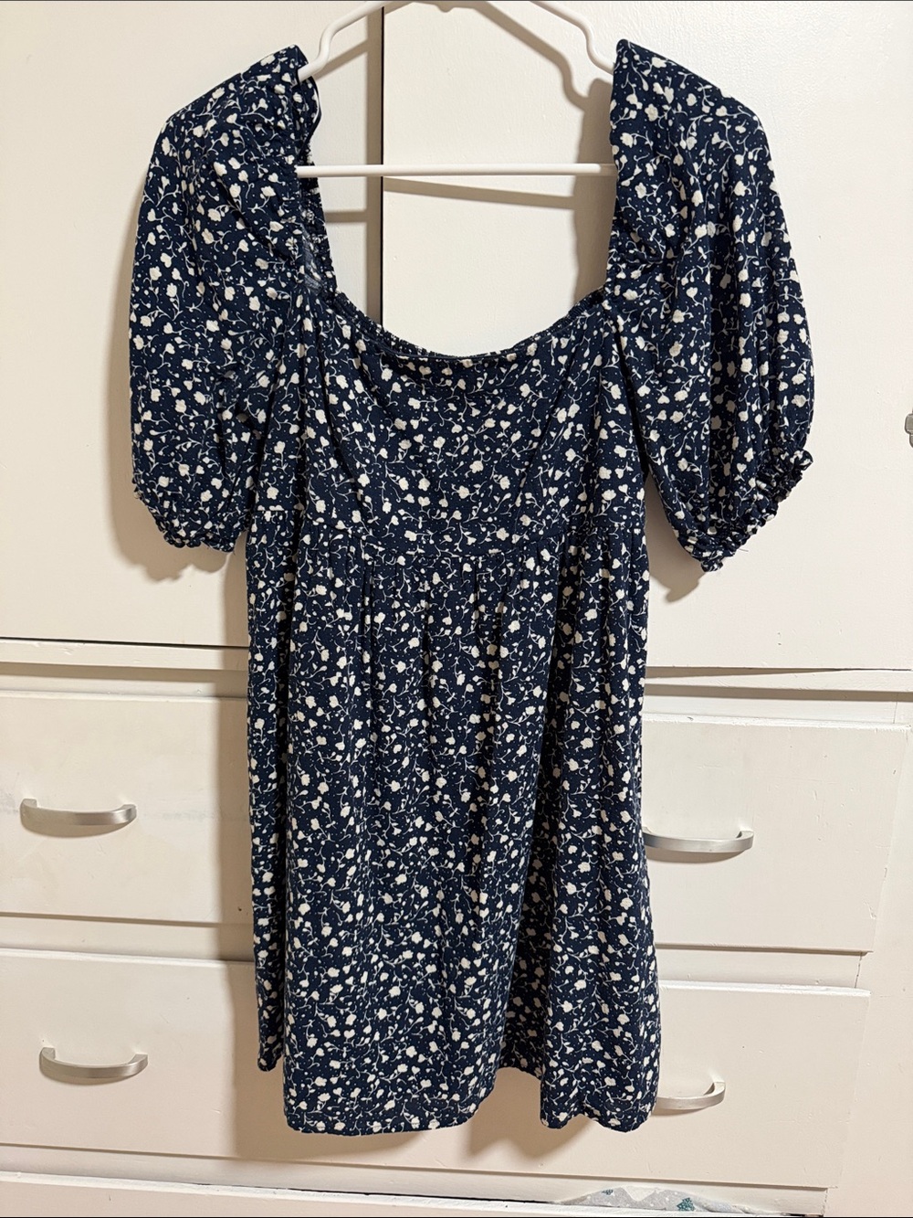 Navy Blue Puff-Sleeve Floral Mini Dress
